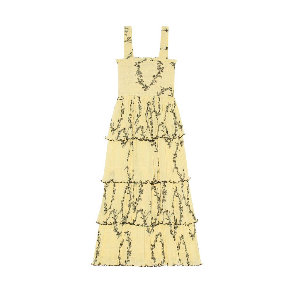 Ganni - Pale Yellow Floral Pleated Georgette Midi Dress