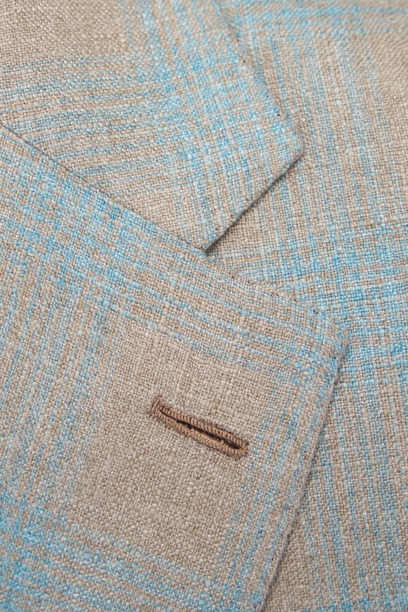 Brioni - Tan & Aqua Check Silk & Cashmere Sportcoat