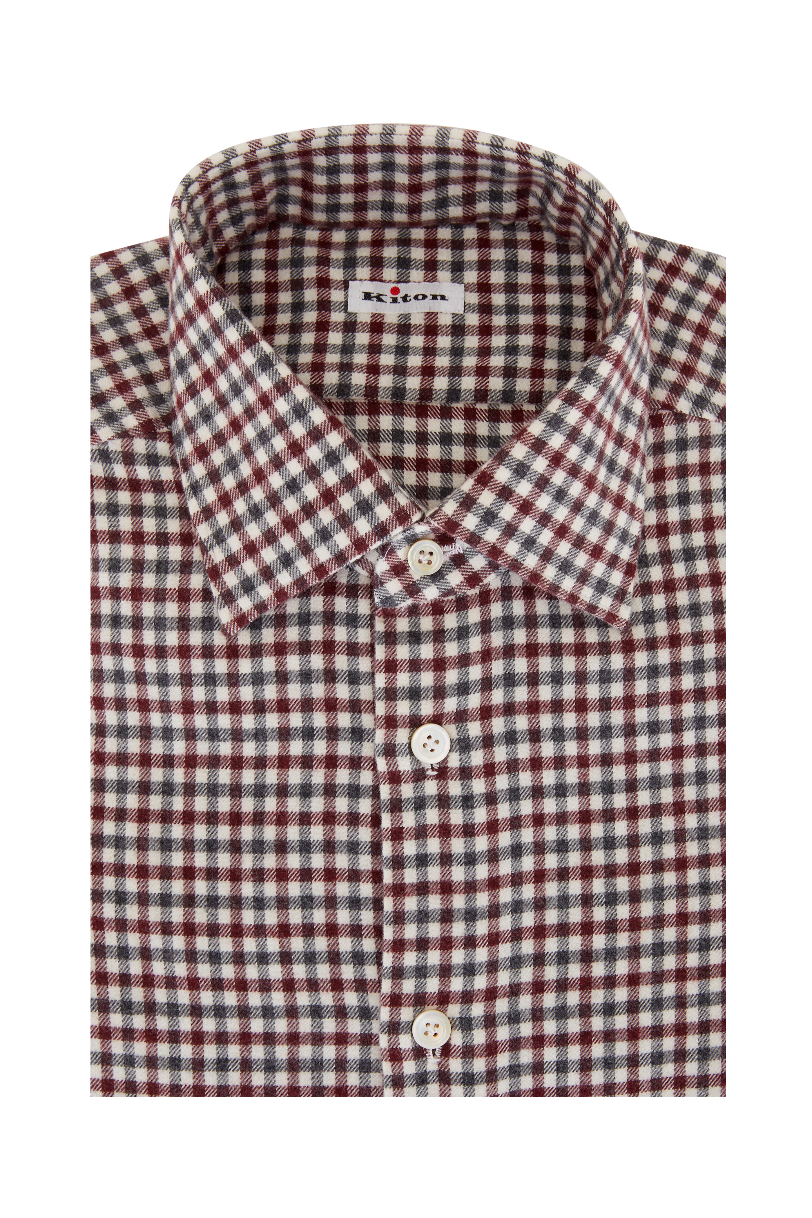 Kiton - Burgundy Gingham Flannel Dress Shirt