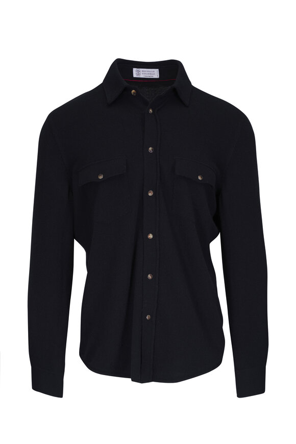 Brunello Cucinelli Western Black Wool & Cashmere Over Shirt