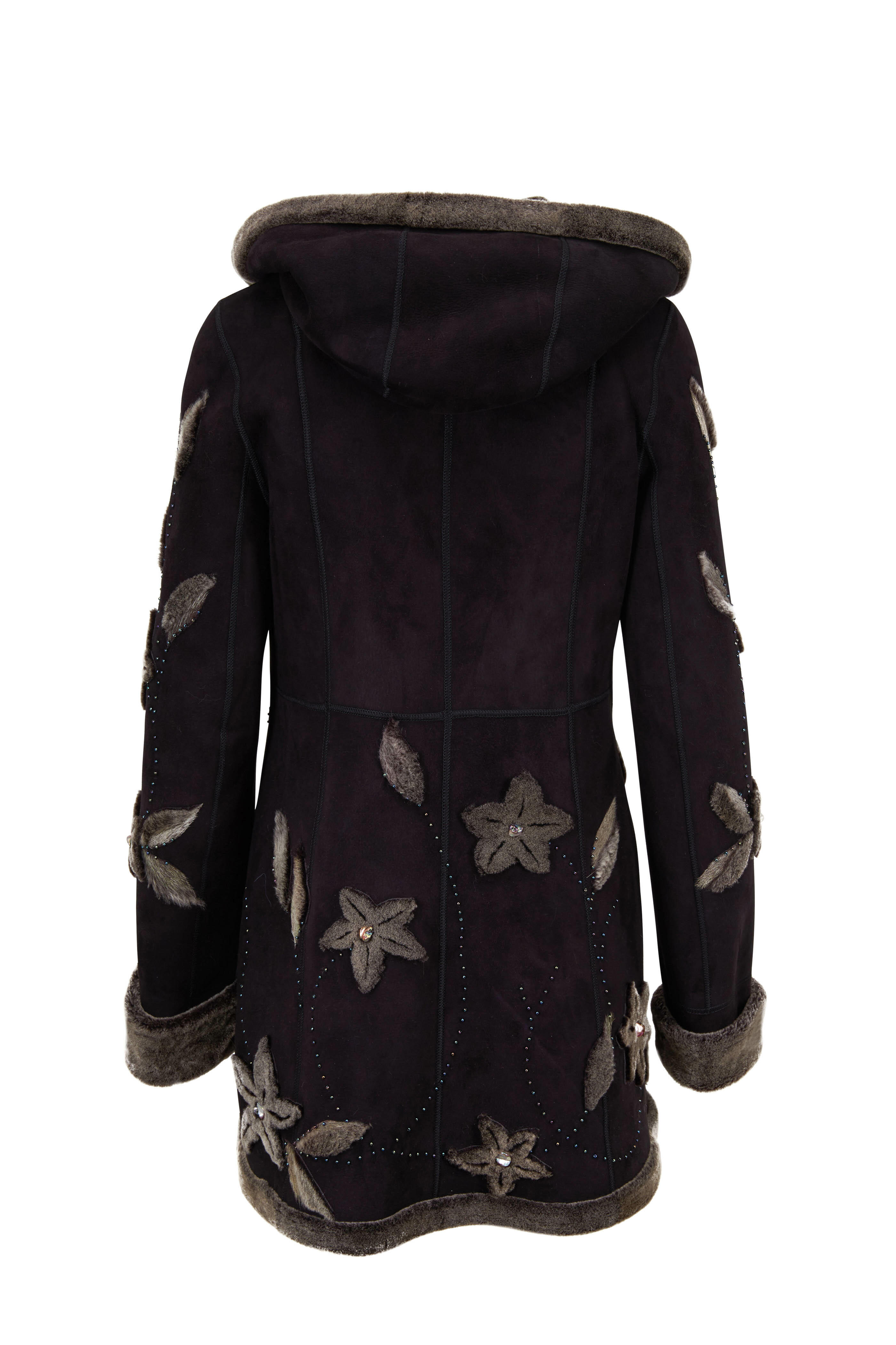 Viktoria Stass - Black Shearling Flower Appliqué Hooded Coat