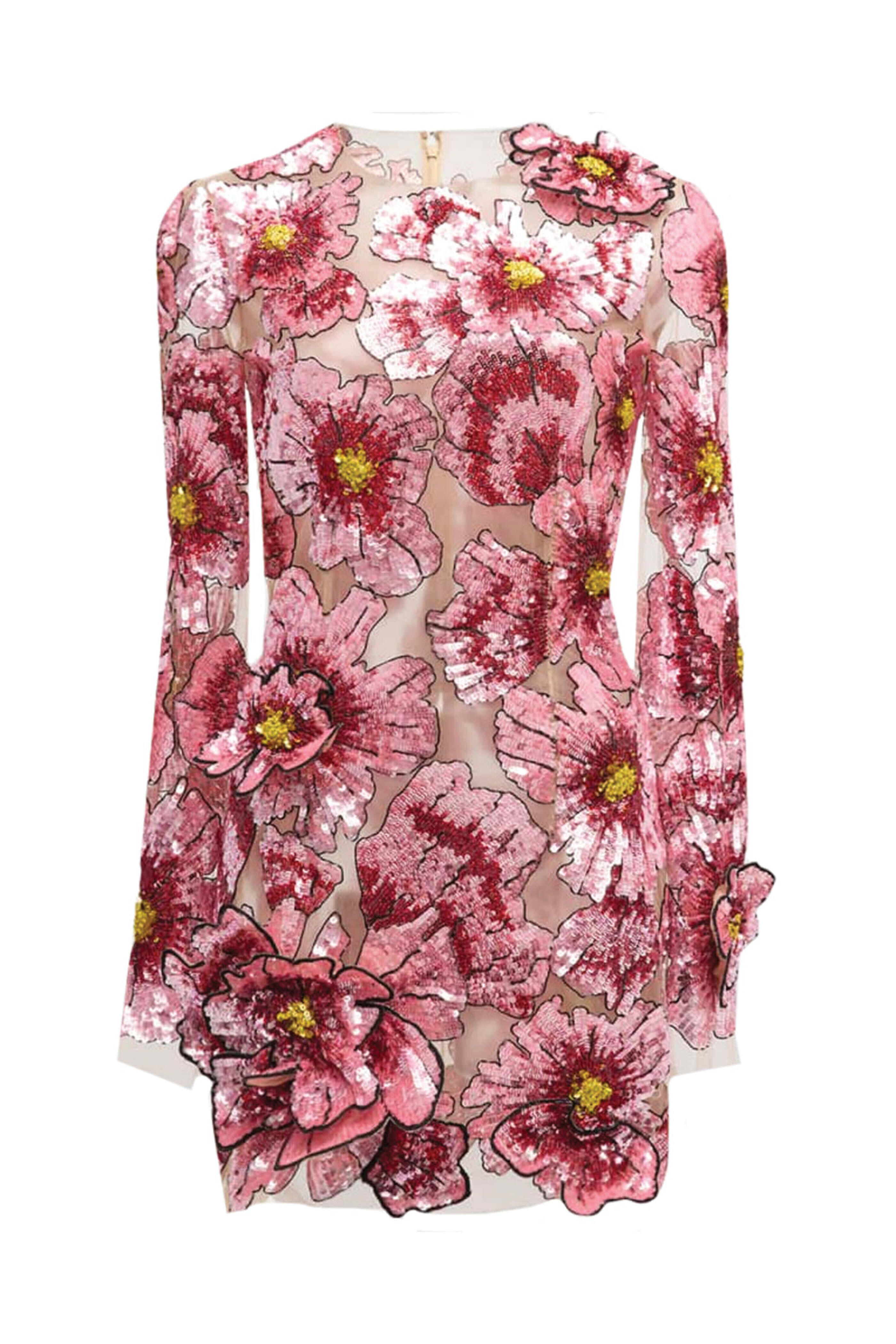 Oscar de la Renta - Pink Hibiscus Sequin Mini Cocktail Dress