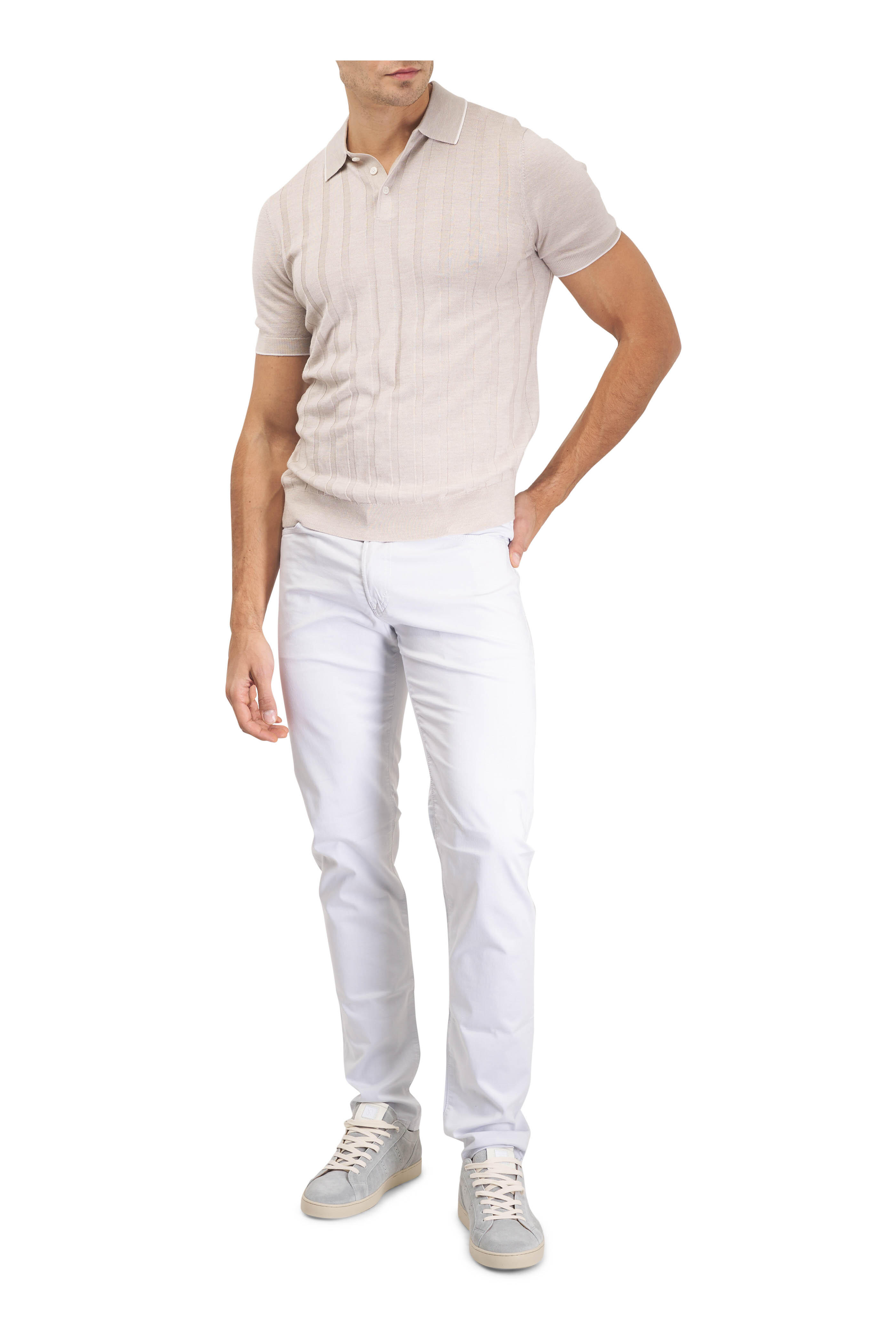 Patrick Assaraf - Drop Needle Tipped Grainy White Wool Polo