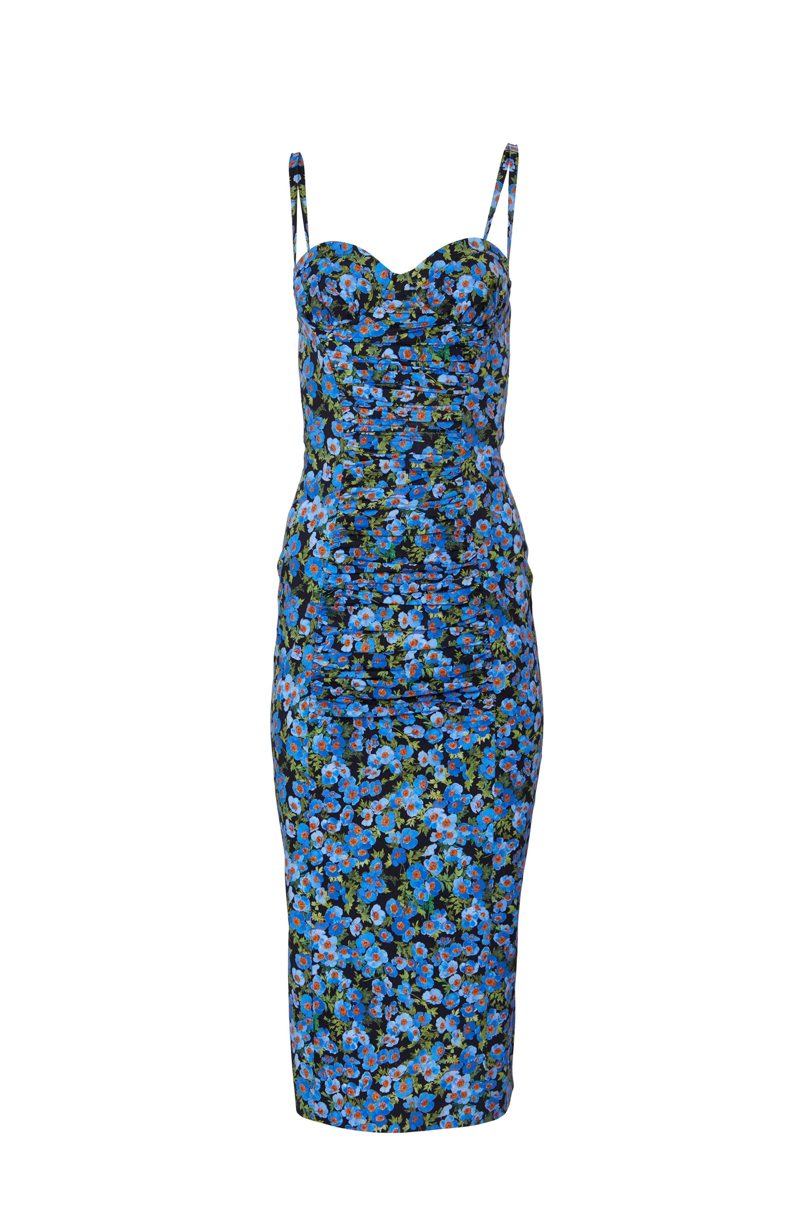 Carolina Herrera - Blue Floral Print Ruched Sweetheart Midi Dress