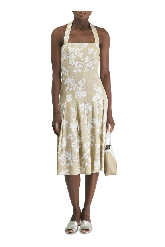 Veronica Beard - Amalia Khaki & White Floral Print Halter Dress