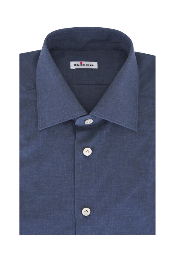 Kiton Blue Solid Cotton Dress Shirt