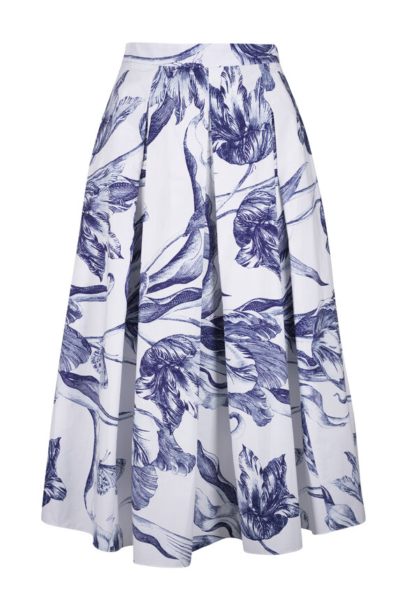 Erdem Blue Floral Print Cotton Poplin Pleated Midi Skirt
