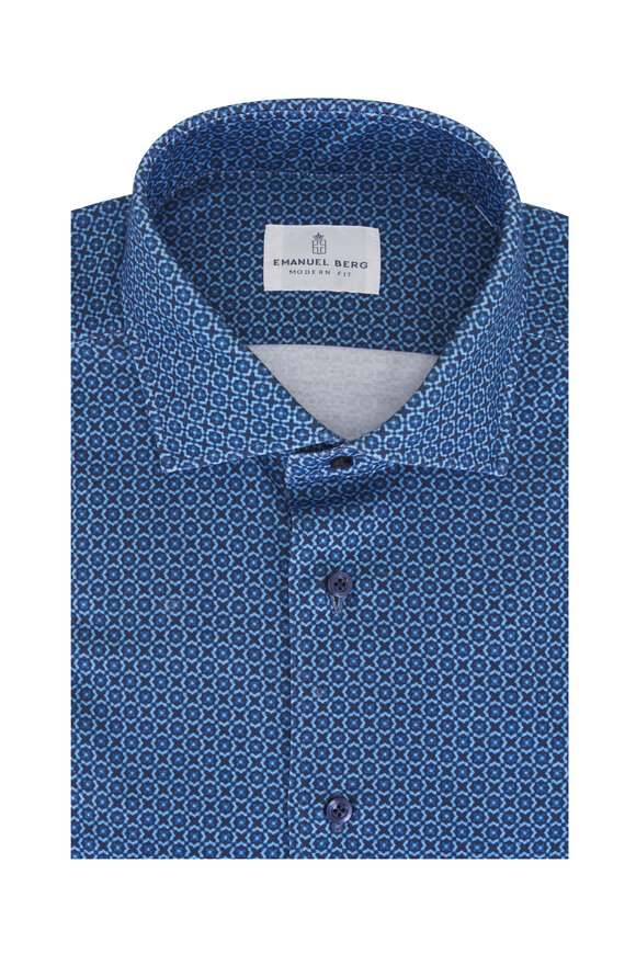 Emanuel Berg Navy Medallion Jersey Knit Button Down Shirt