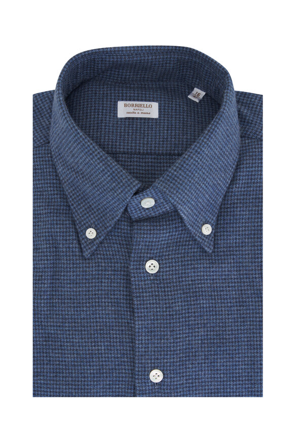 Borriello - Blue Houndstooth Flannel Cotton Dress Shirt