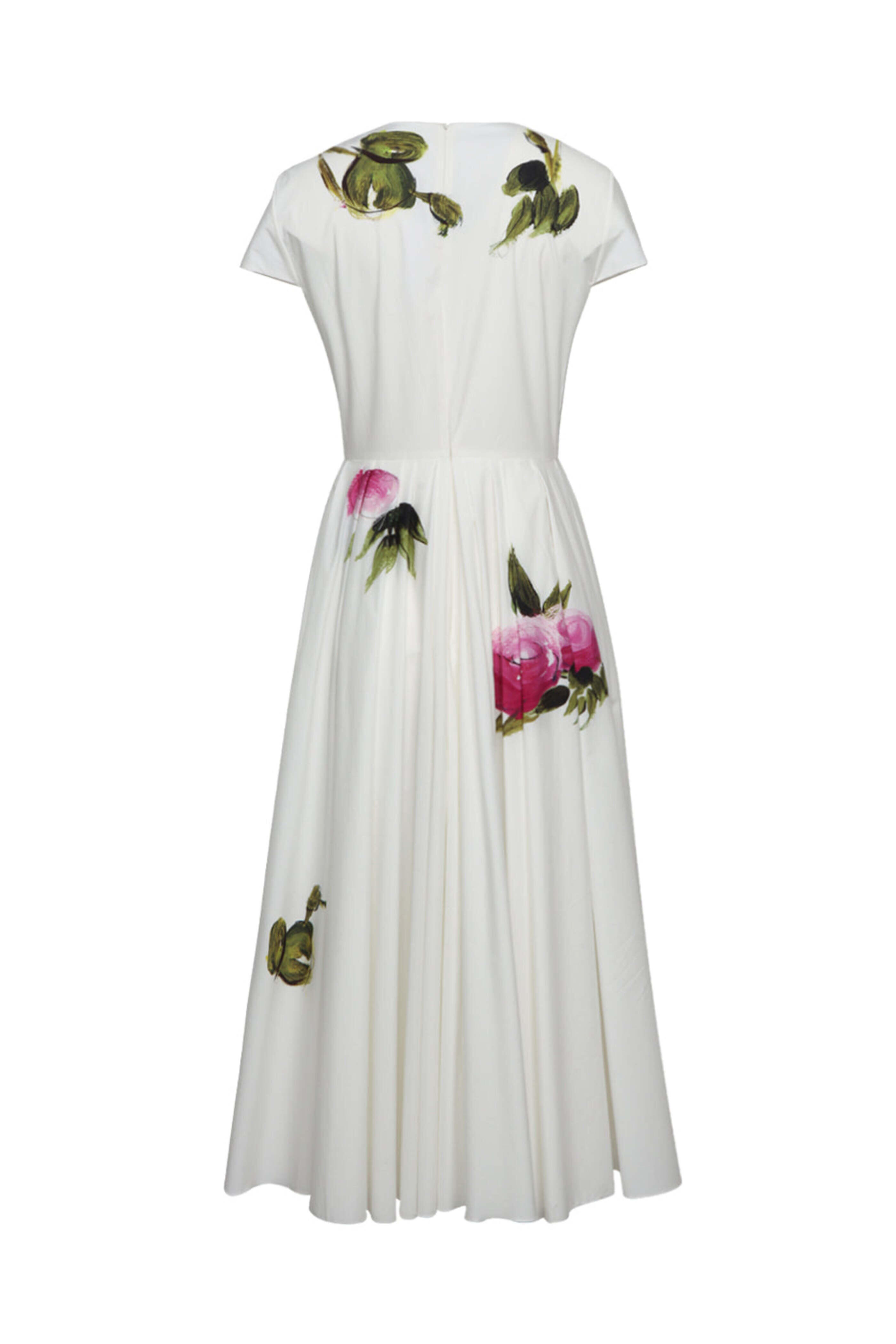 Oscar de la Renta - White and Pink Rose Pleated Midi Dress