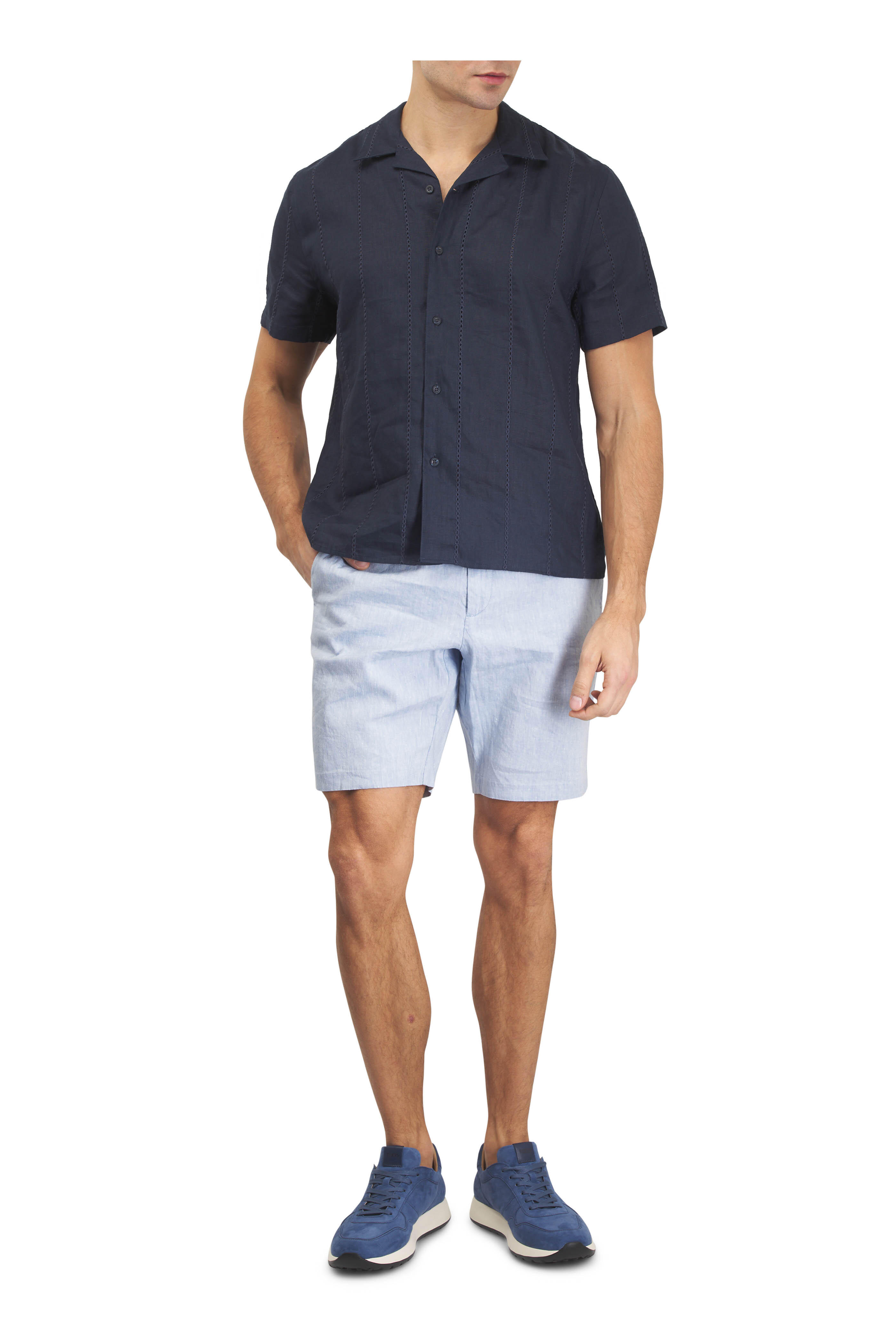 Vince - Coastal Blue Eyelet Stripe Linen Cabana Shirt