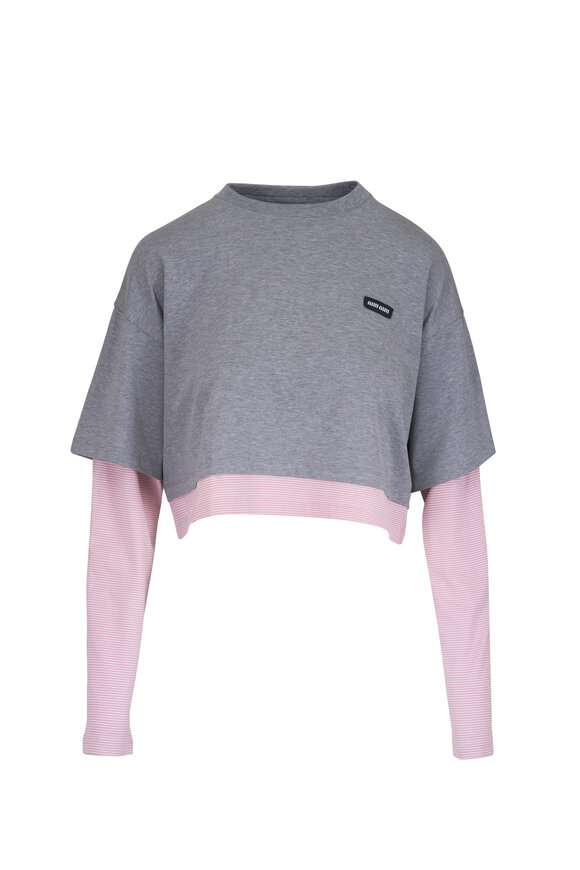 Miu Miu Gray & Begonia Pink Cotton Long Sleeve Jersey Top - view 1