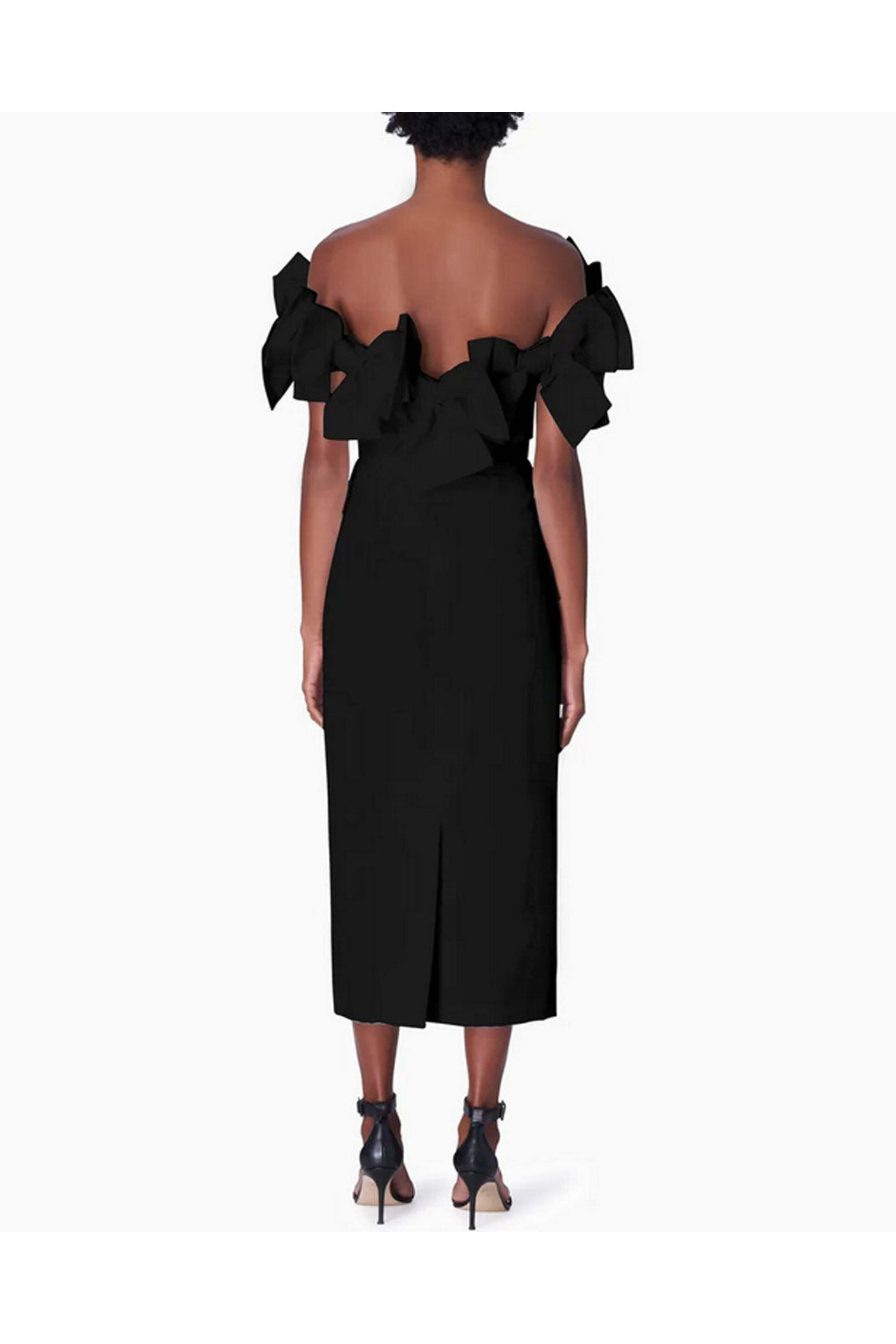 black puff midi dress CHIC V-NECK MIDI DRESS WITH DRAMATIC PUFF SLEEVES (BLACK)