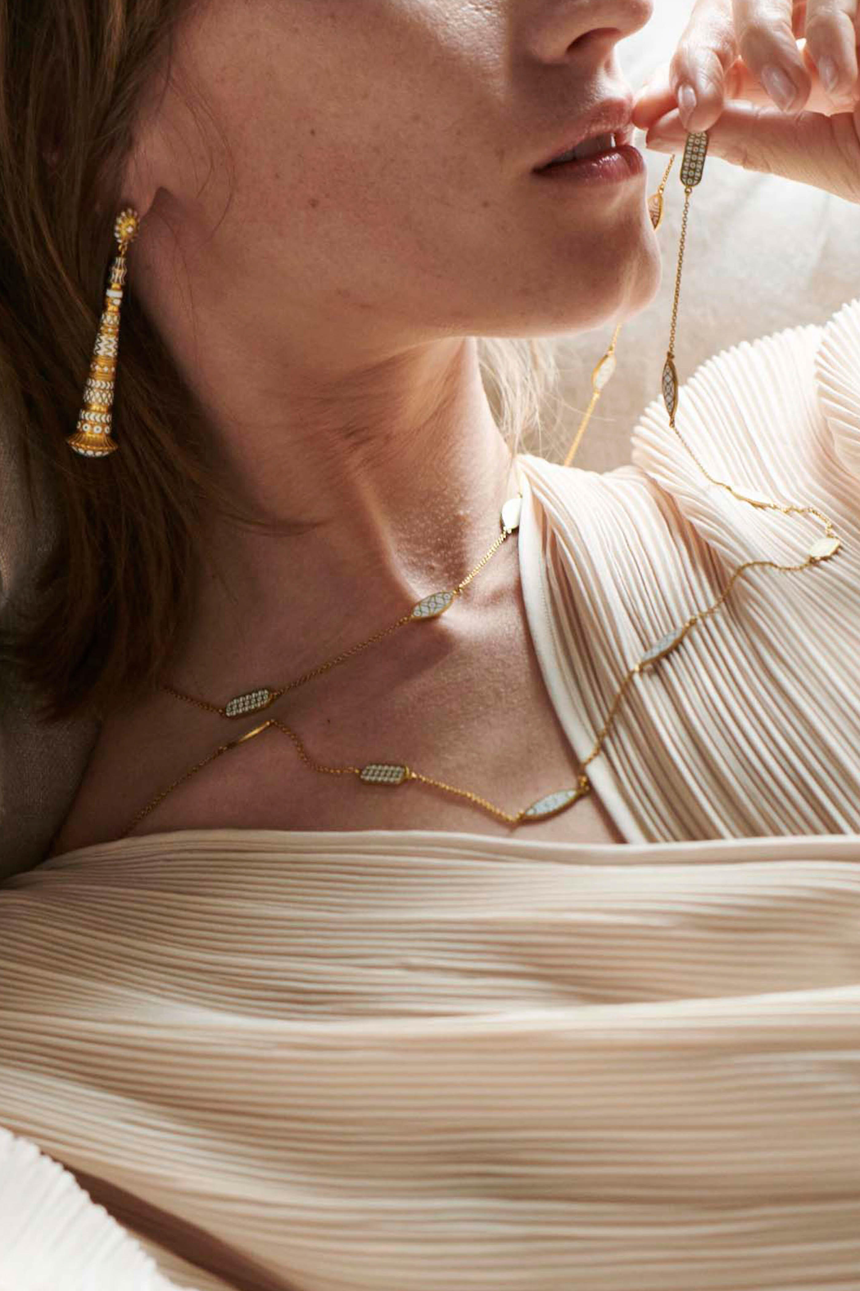 Van Gelder - Jodha Bai Meenha White Enamel Earrings