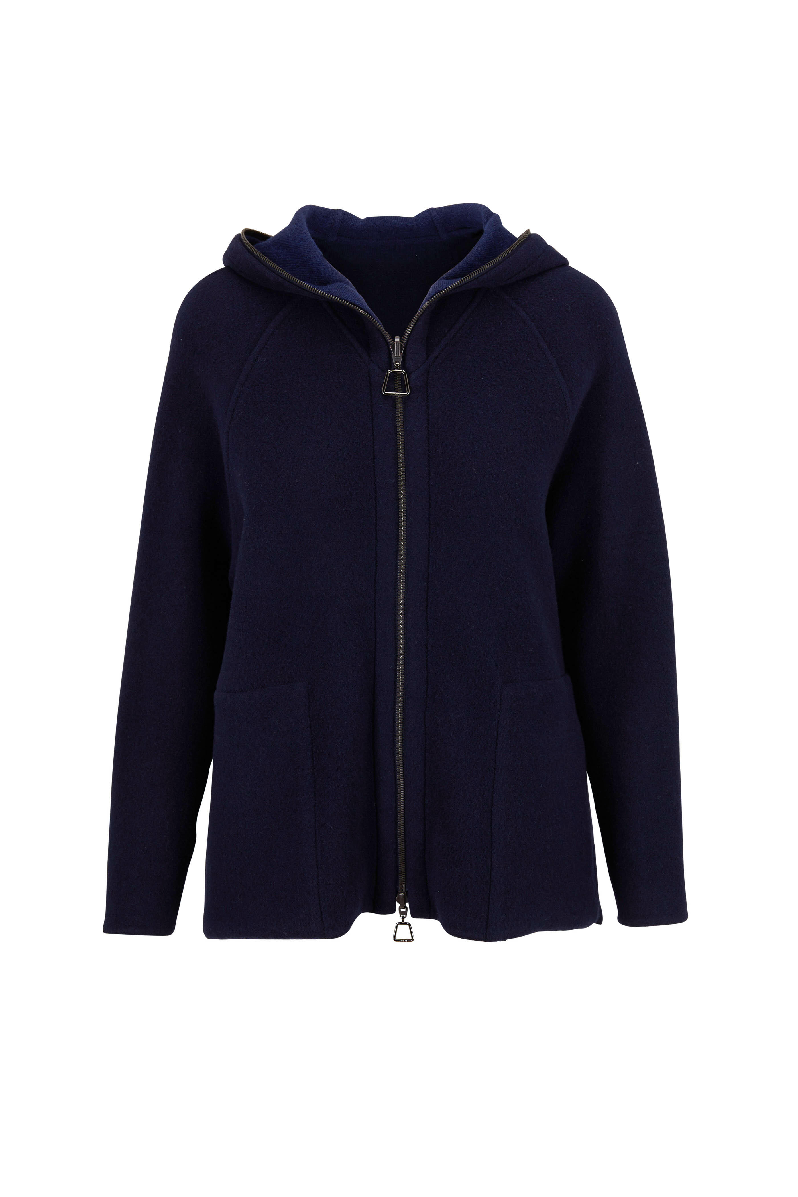 HOODED TEDDY JACKET IN DOUBLE FACE CASHMERE - NAVY
