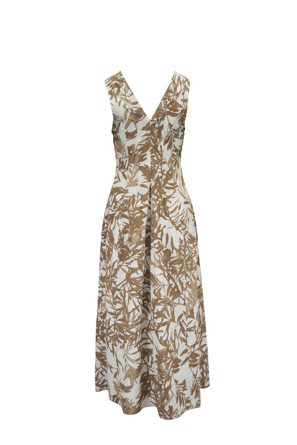 Brunello Cucinelli - Herbarium Print Poplin Cotton V-Neck Midi Dress