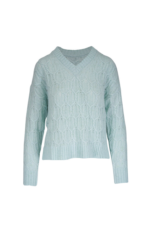 Kinross Lofty Seaglass Lurex Cable Knit Sweater