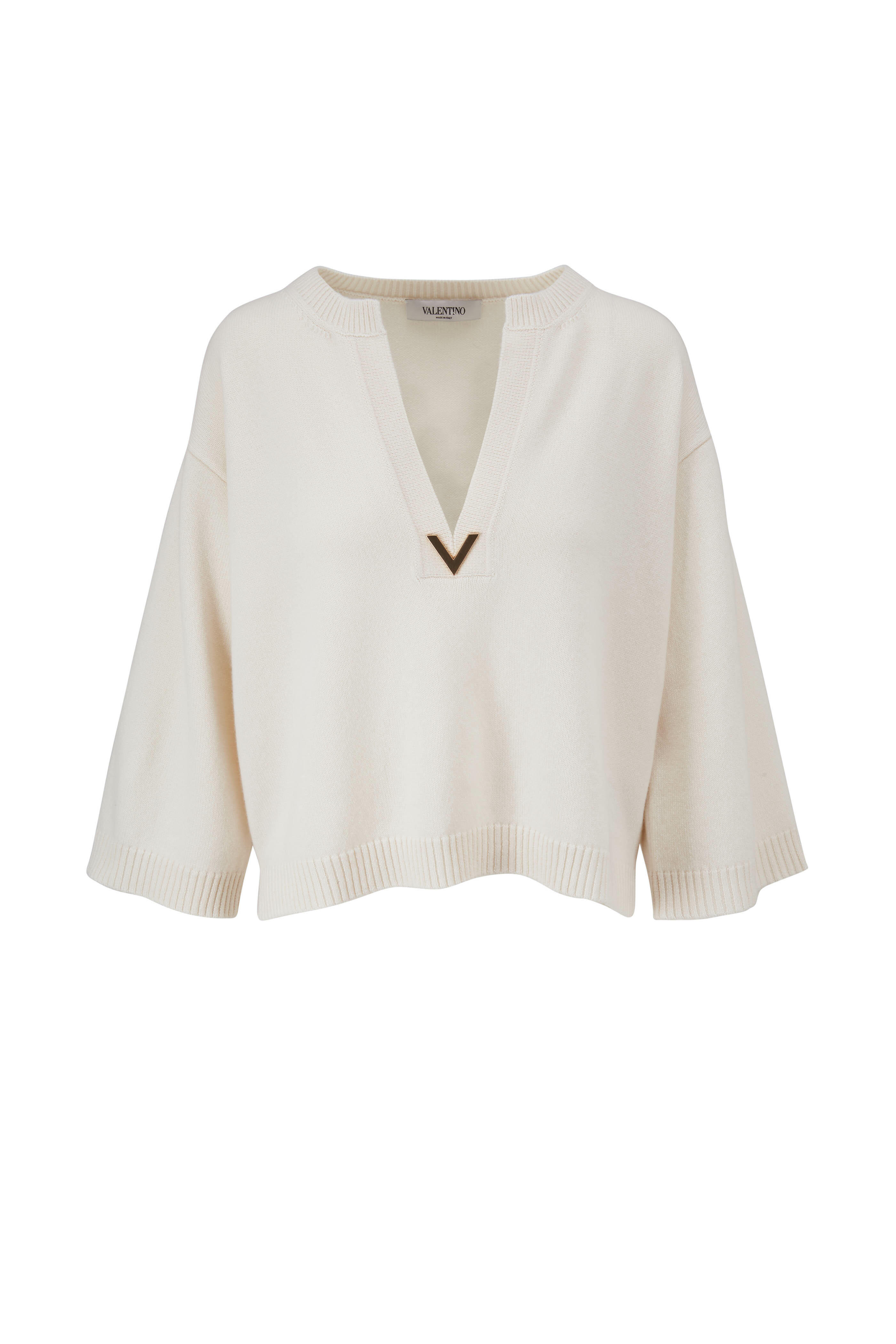 Valentino - Ivory Cashmere Gold Logo V-Neck Sweater