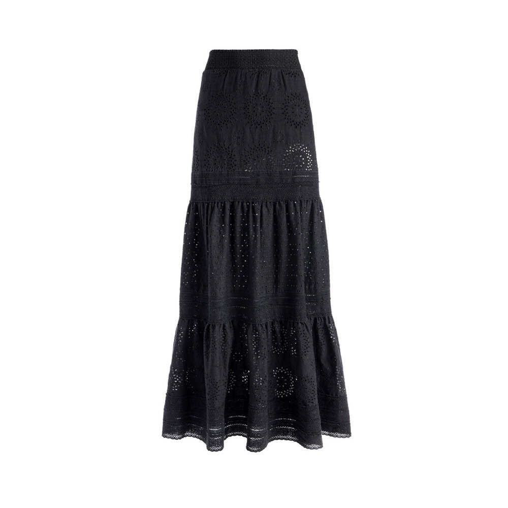 Alice+Olivia■Reise■ティアードアイレットマキシスカート Reise Embroidered Tiered Maxi Skirt In Bright Ruby | Alice +