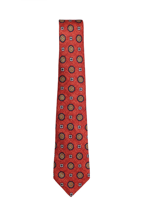 Kiton Auburn Orange & Navy Blue Silk Necktie