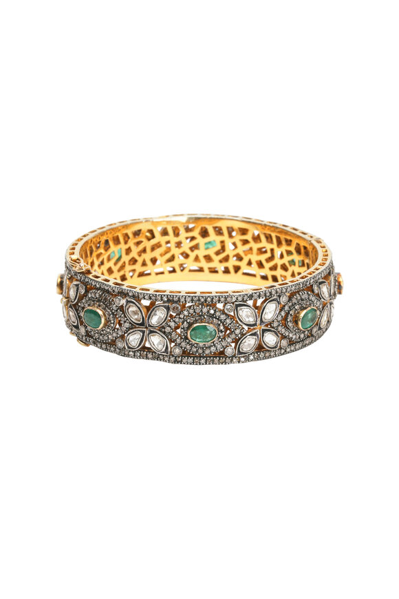 Loren Jewels - 14K Yellow Gold & Silver Diamond & Emerald Bangle