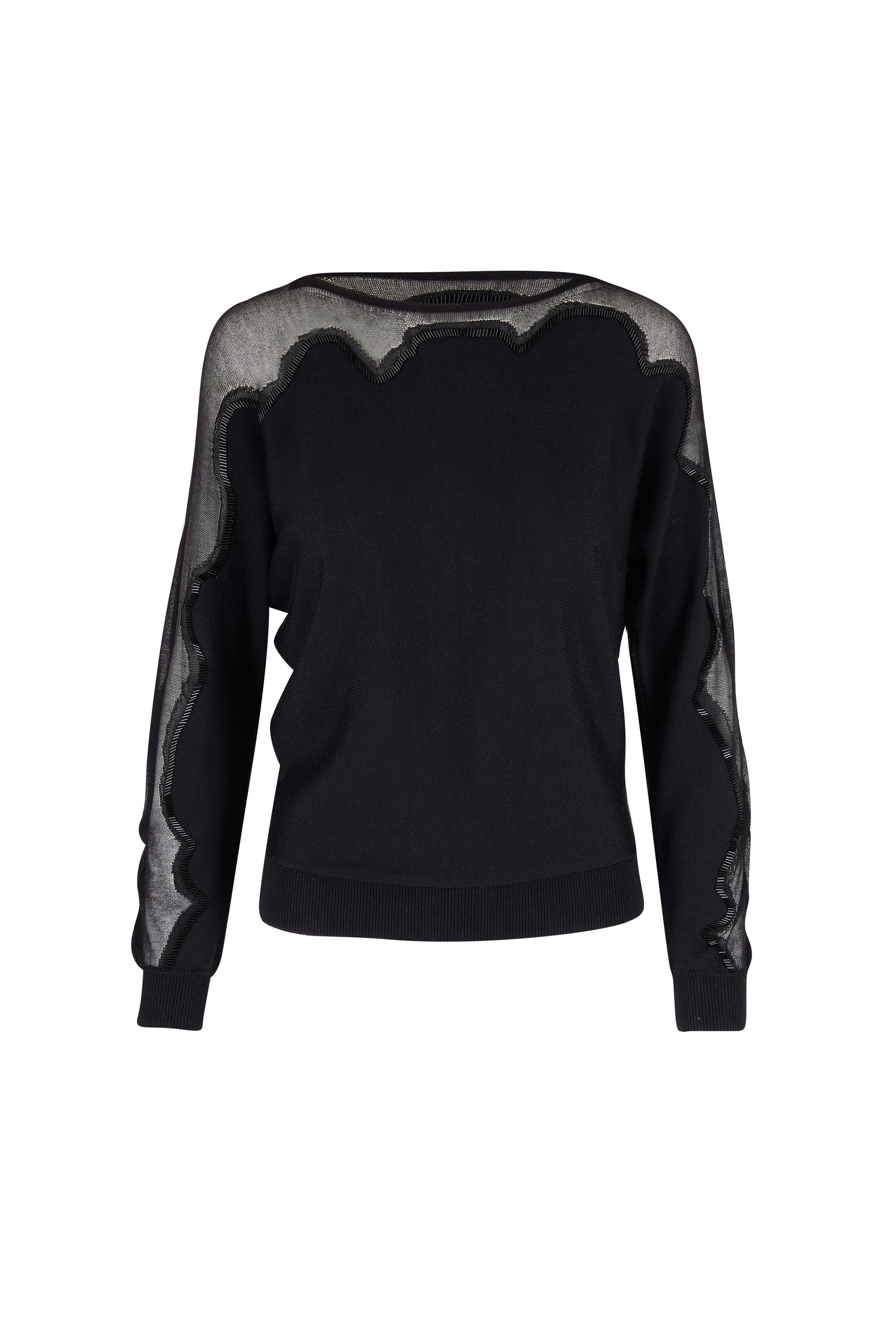 Lafayette 148 New York Black Embellished Sheer Sleeve Sweater