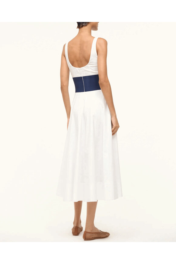 staud blue and white dress Staud Wells Blue Toile Sleeveless Midi Dress main image 1