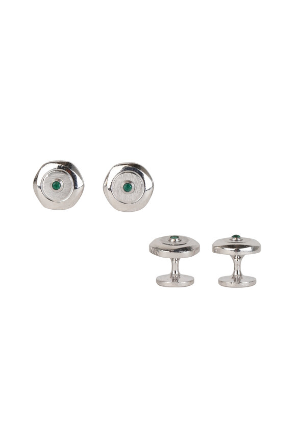 Dunhill Hexagon Sterling Silver & Emerald Stud Set 