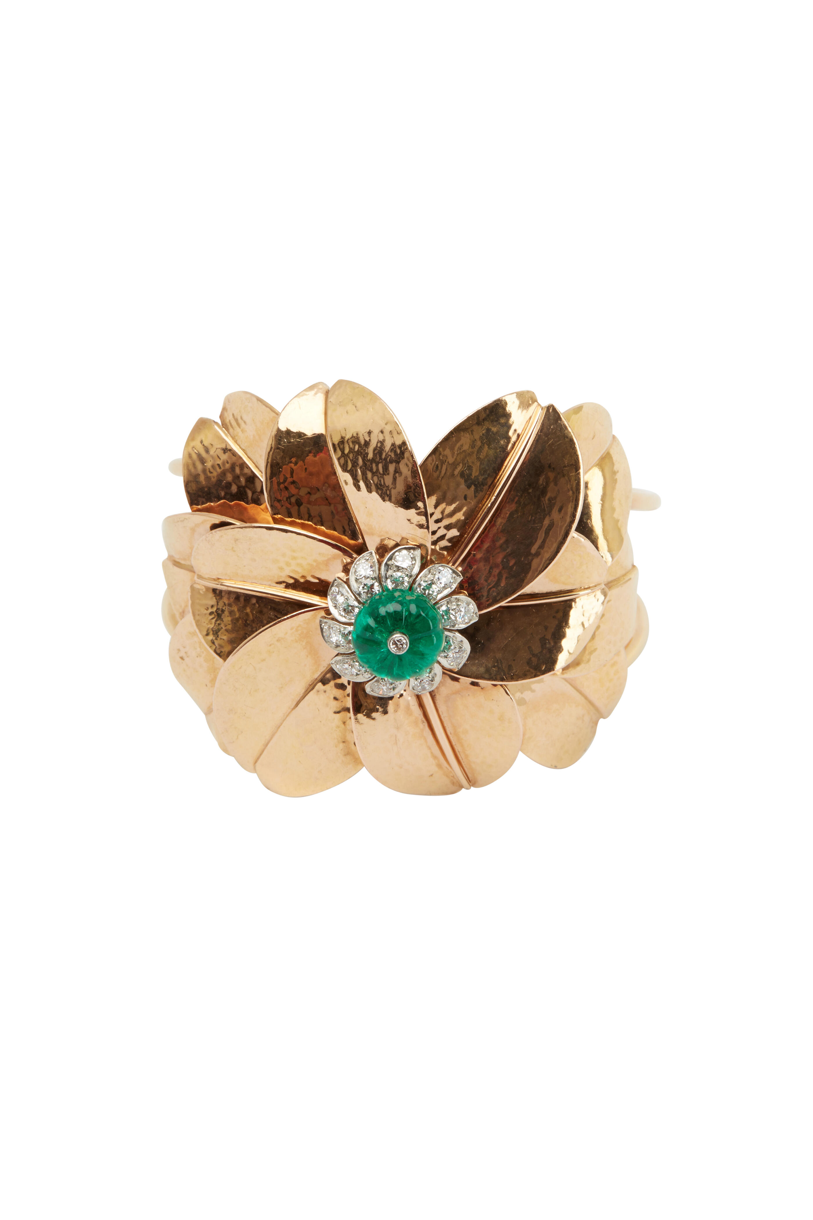 Fred Leighton - Hammered Rose Gold Emerald Diamond Cuff Bracelet