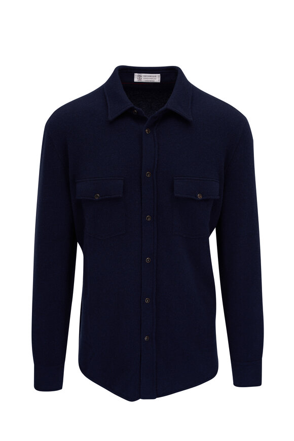 Brunello Cucinelli - Navy Wool, Cashmere & Silk Snap Front Shirt