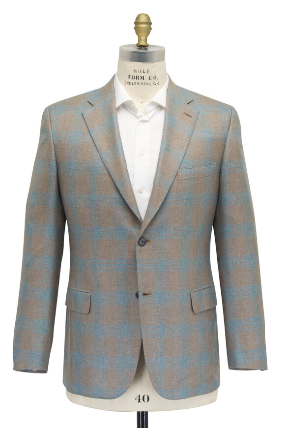 Brioni - Tan & Aqua Check Silk & Cashmere Sportcoat