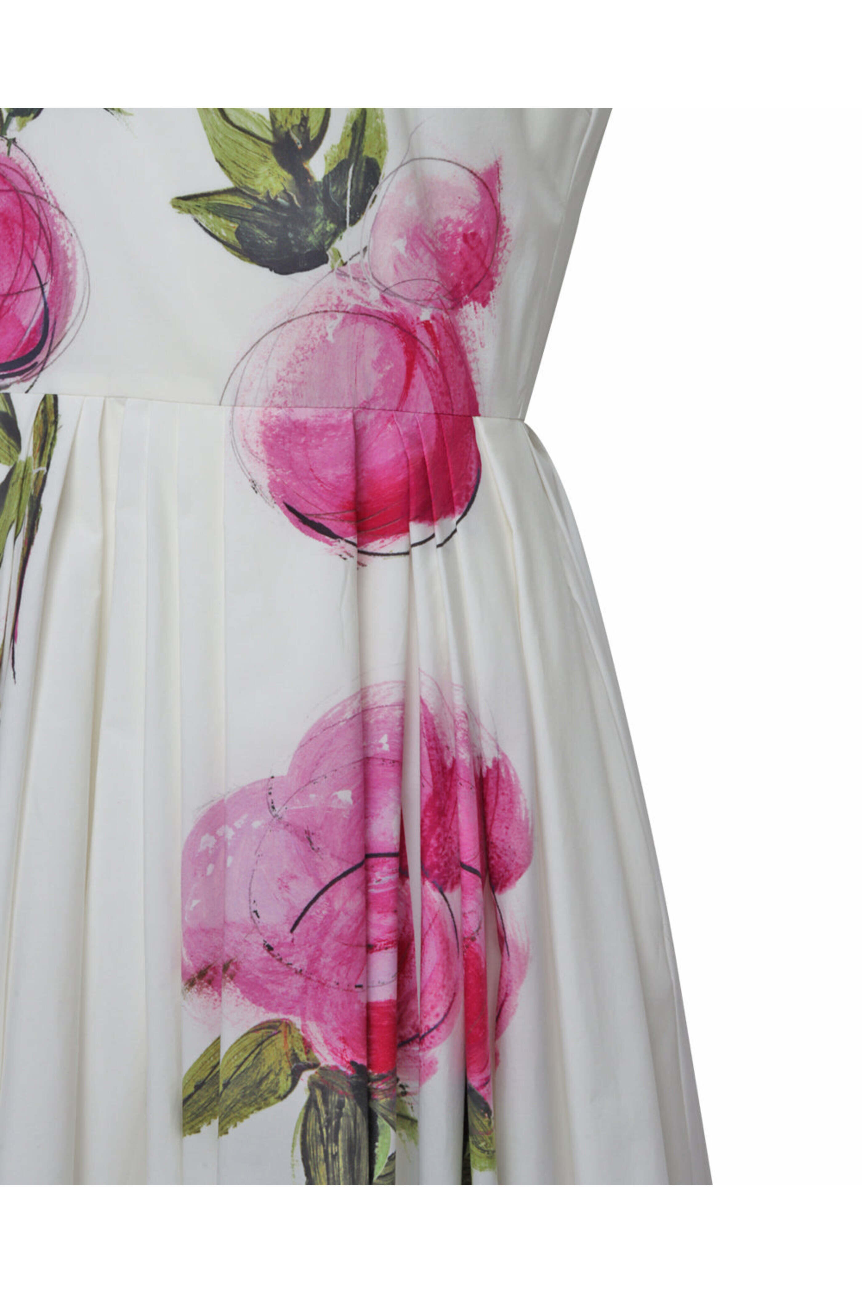 Oscar de la Renta - White and Pink Rose Pleated Midi Dress