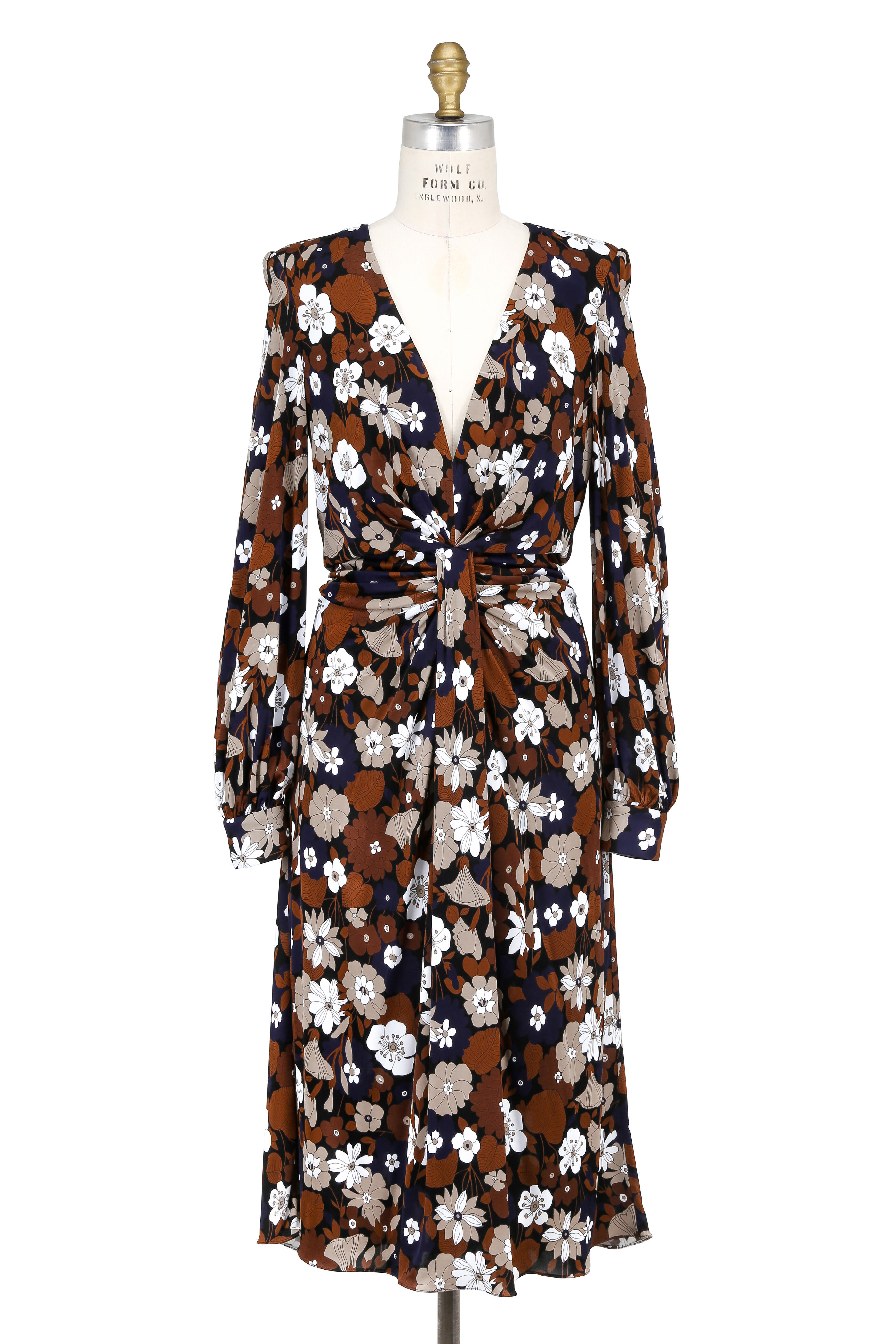Michael Kors Collection - Nutmeg Floral Print Deep V-Neck Long Sleeve Dress