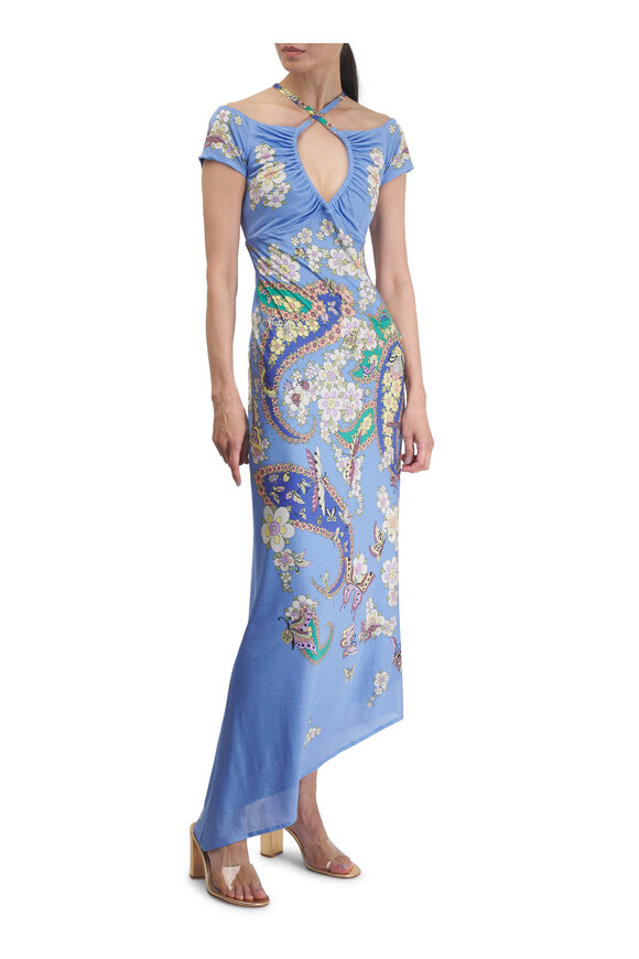 オールインワン・サロペット Etro Long Dress In Light Blue Velvet Jacquard Tulle Etro One Shoulder Dresses for Women | Lyst