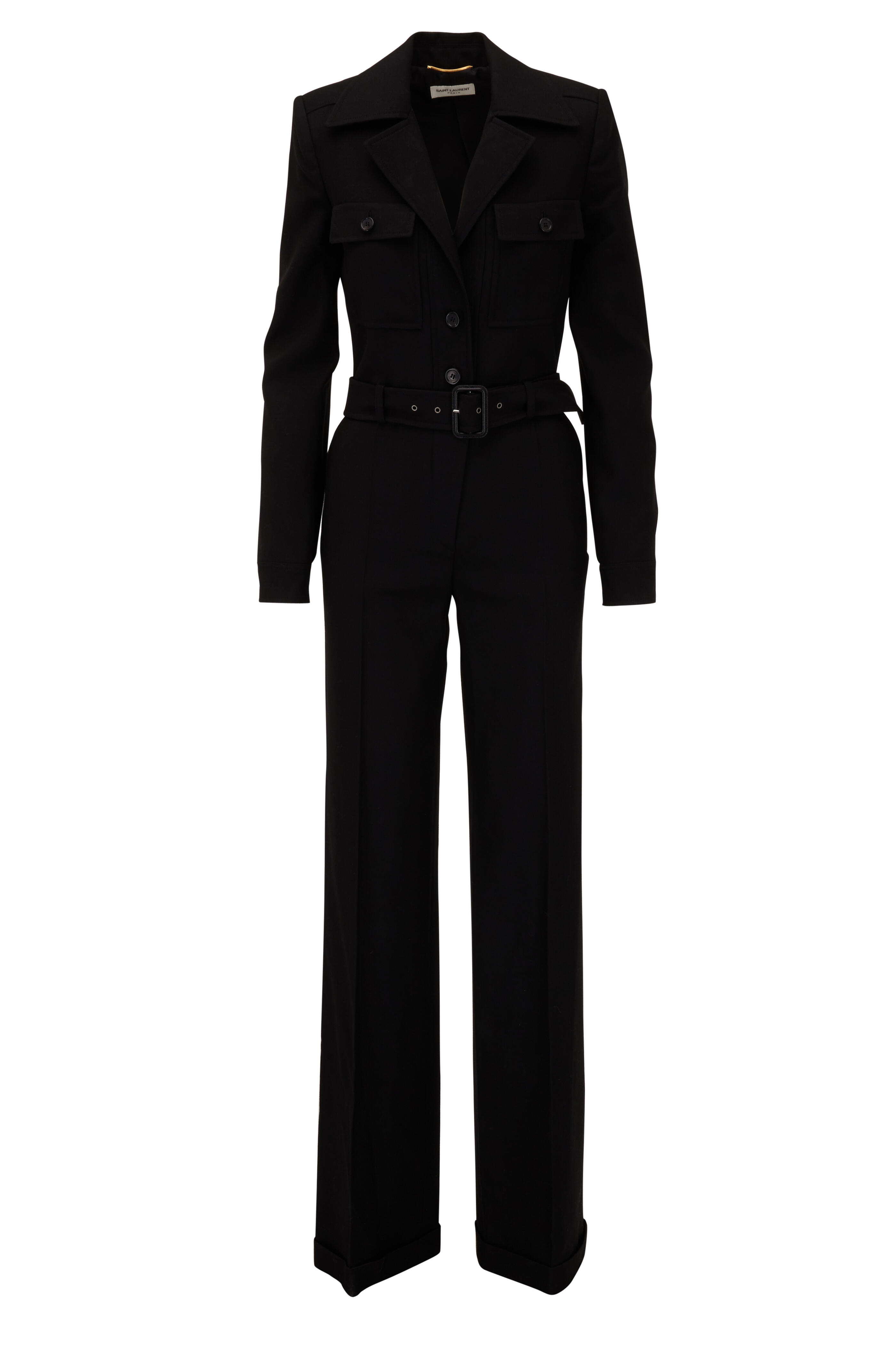 Saint Laurent - Black Wool Long Sleeve Wide Leg Jumpsuit