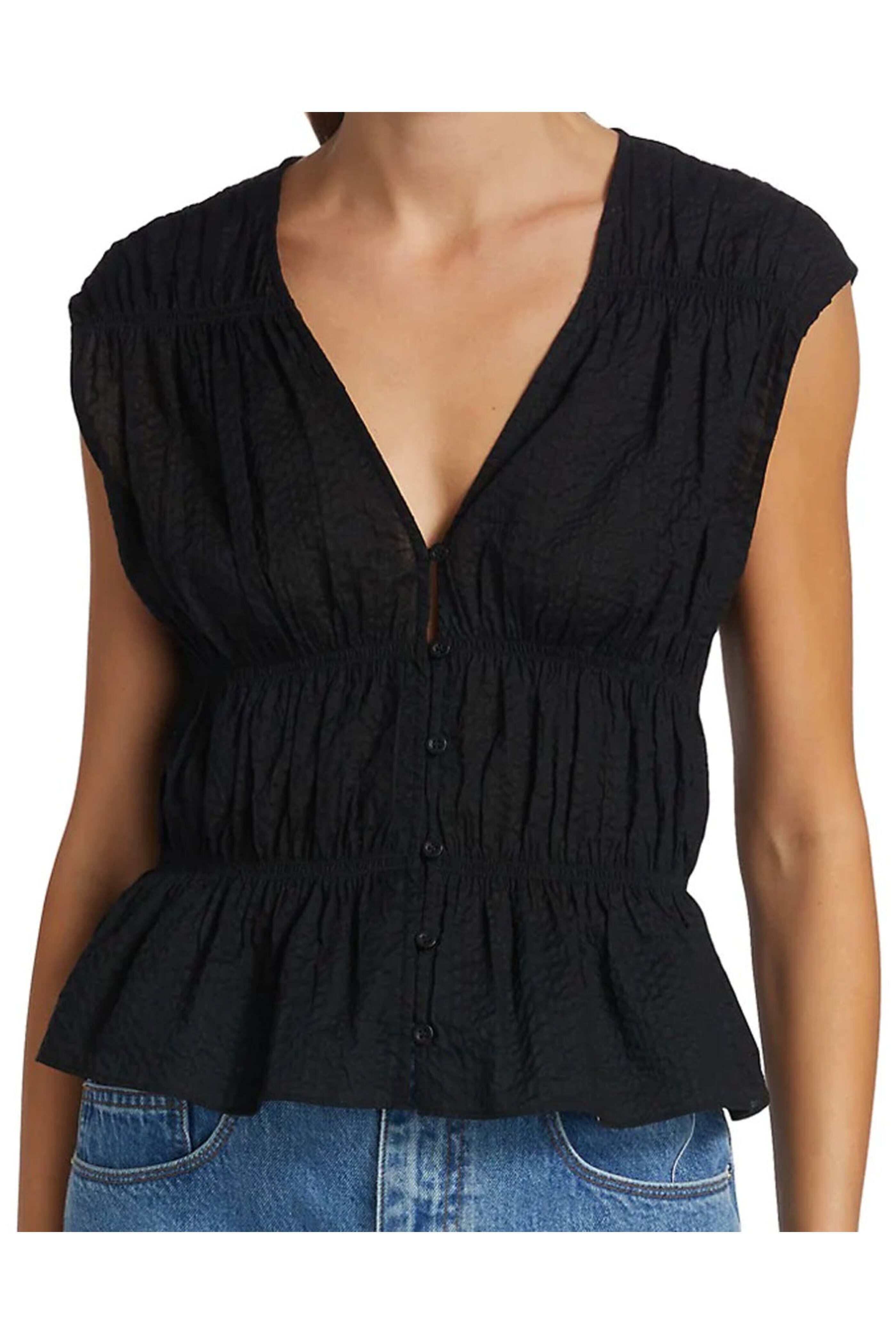 Frame - Noir Ruched V Neck Sleeveless Blouse