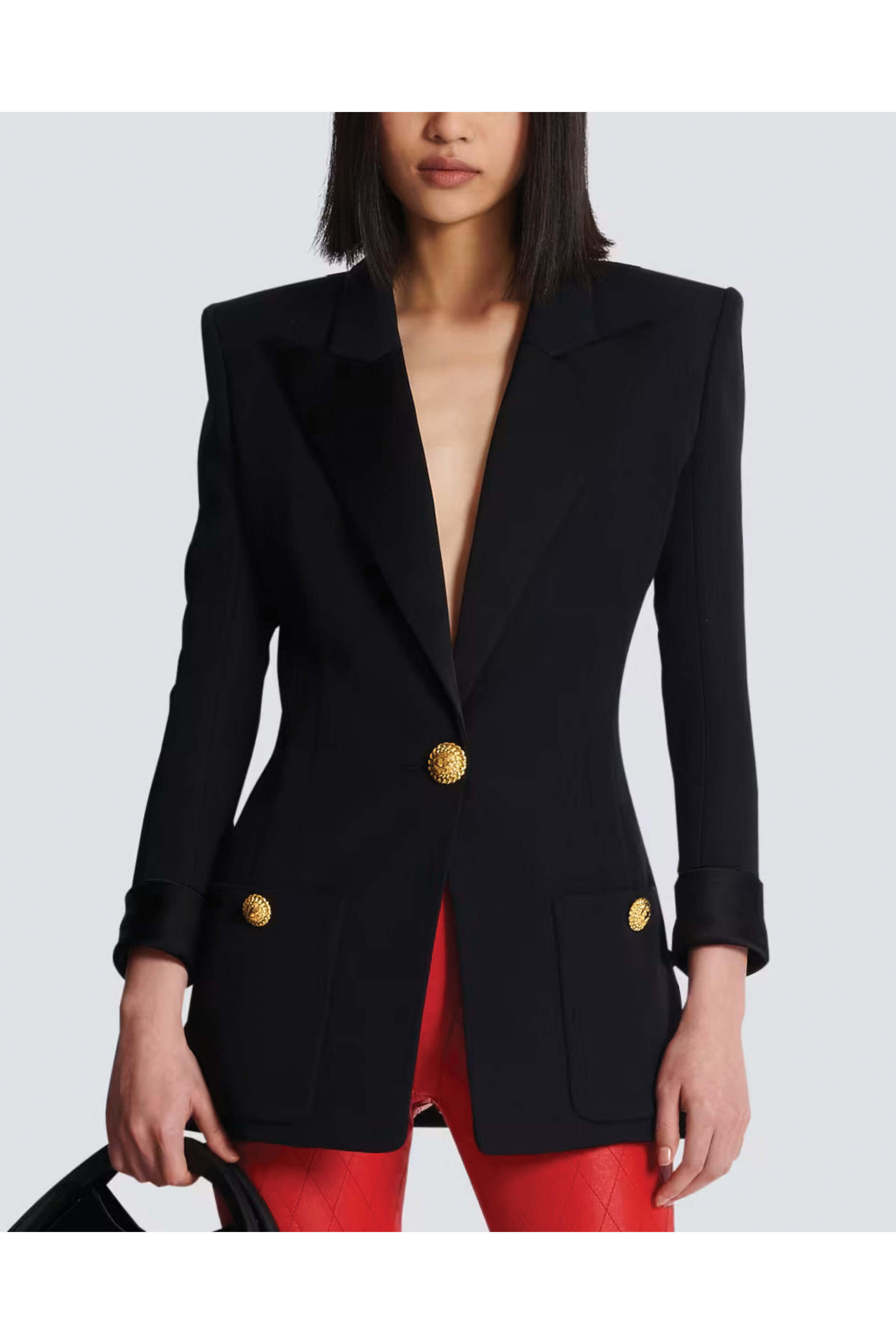 アウターその他 BALMAIN Women Outer FF1KO004KI62 EADEADNOIR Black Balmain - Noir Satin Collar Single Button Jacket