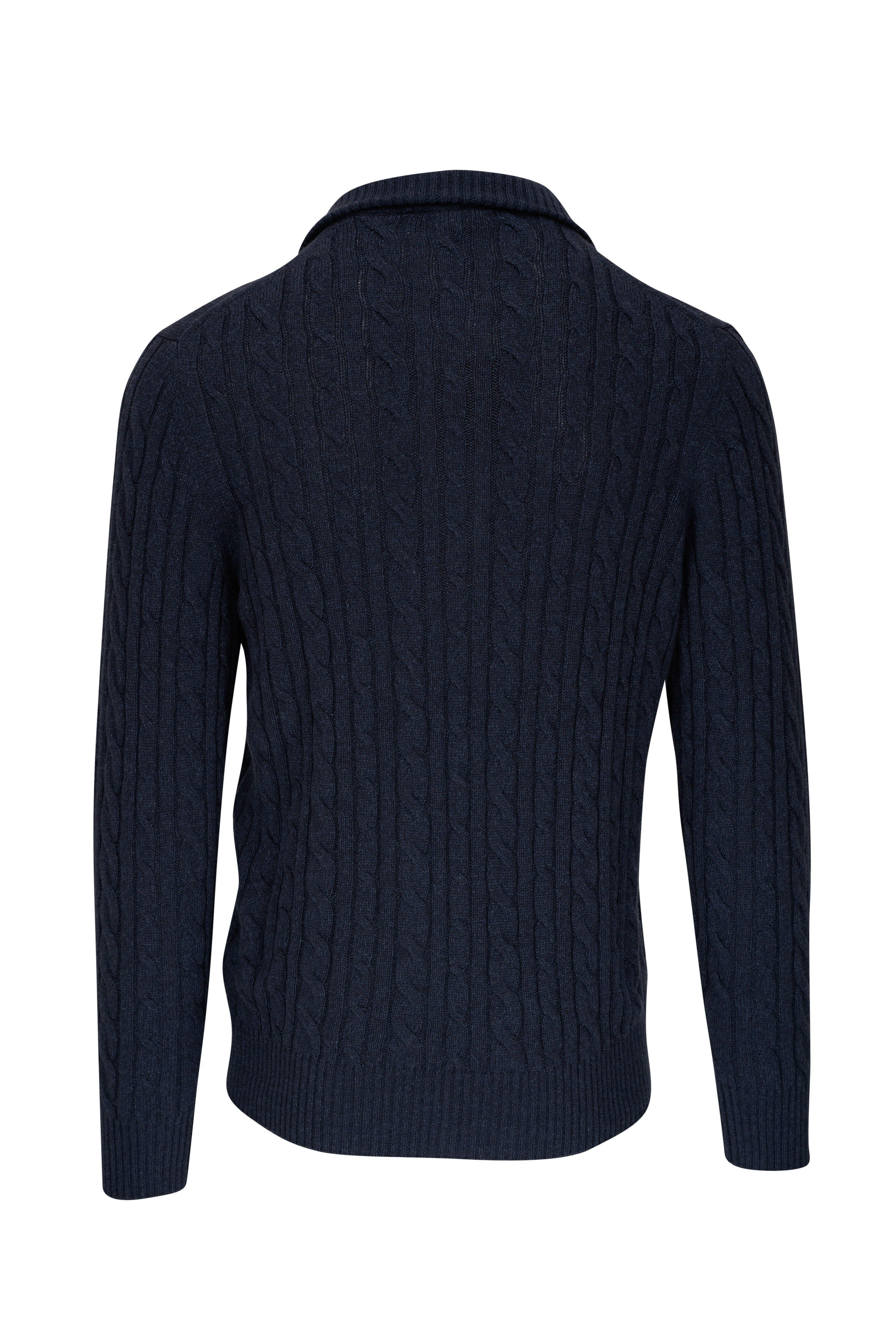 イタリア製 Loro Piana ニットポロ ブルー ロロピアーナ Loro Piana - Blue Melange Cable Knit Quarter Zip Pullover