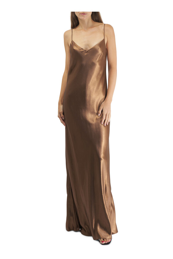 Galvan - Provence Bronze Satin V-Neck Slip Dress