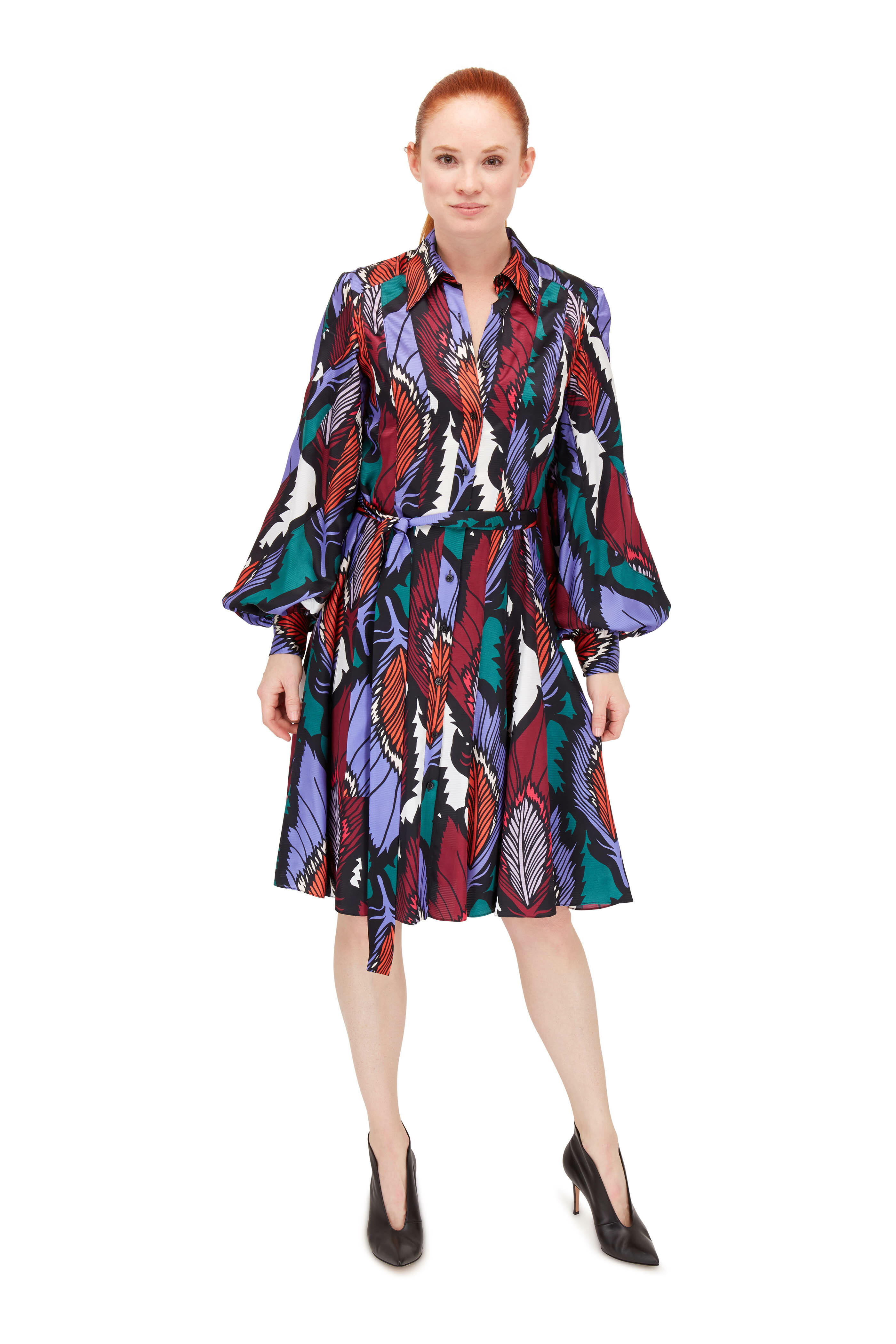 Carolina Herrera - Multicolor Feather Print Belted Shirtdress