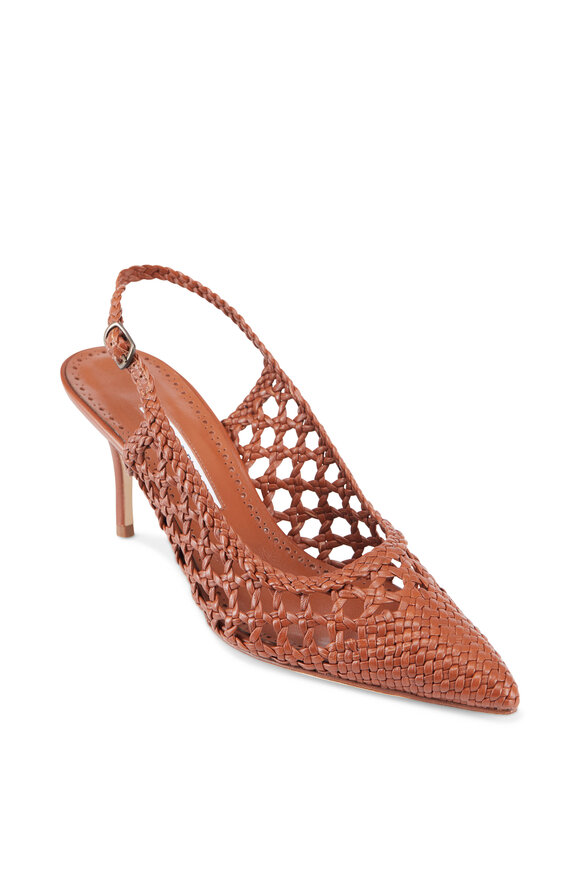 Manolo Blahnik - Cognac Nappa Leather Woven Pump Slingback, 70mm