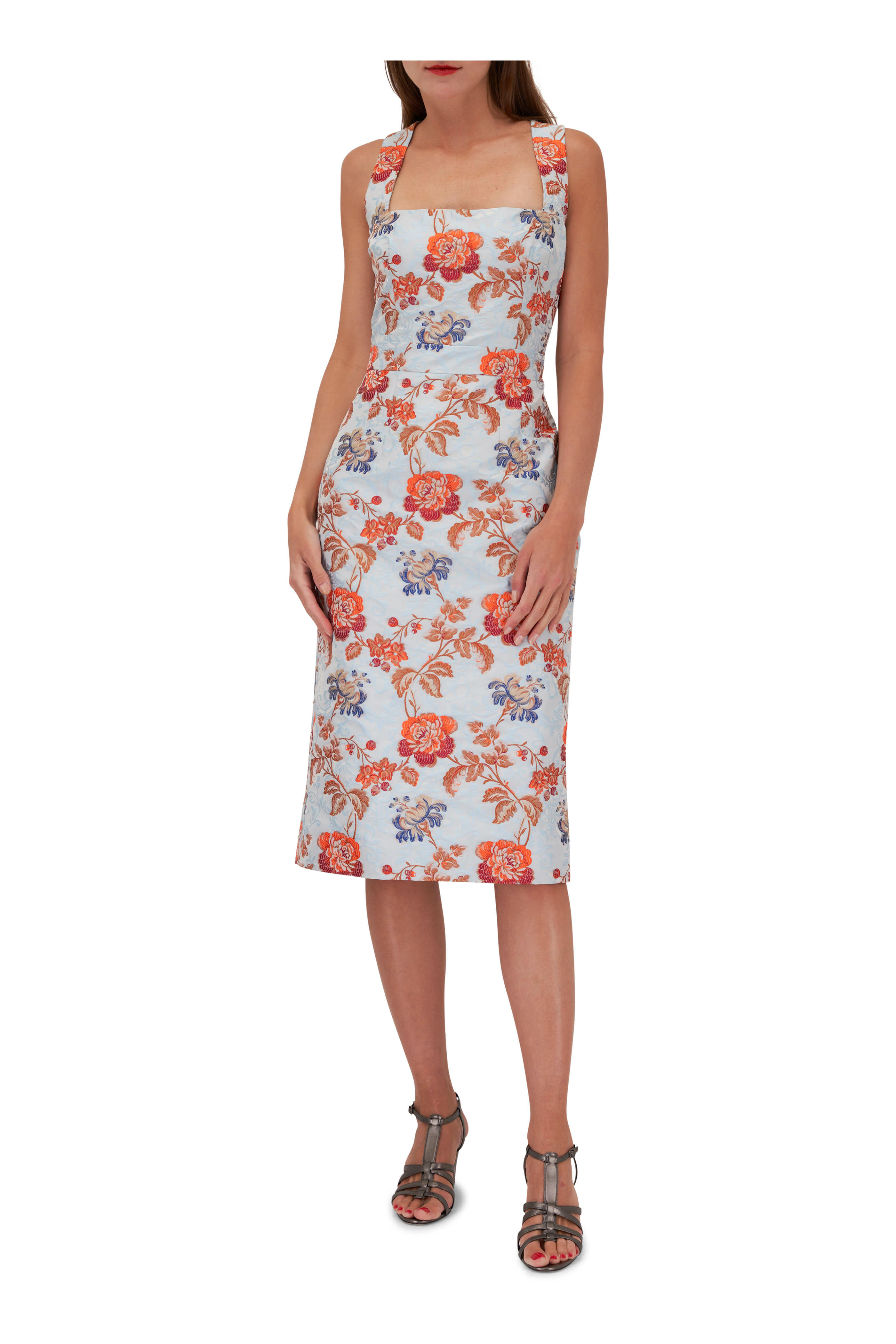 Etro - Blue & Orange Floral Jacquard Midi Dress | Mitchell