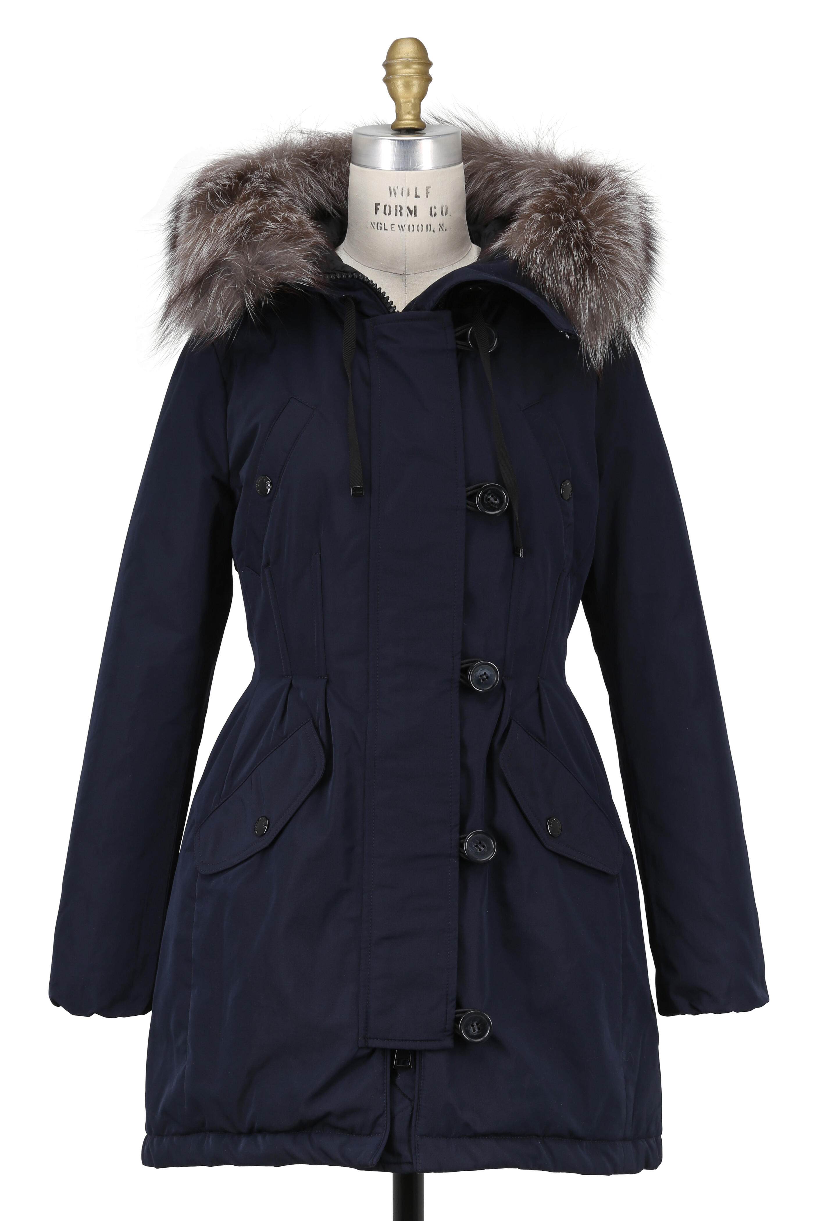 Moncler   Aredhel Navy Blue Utility Coat With Fox Fur Hood