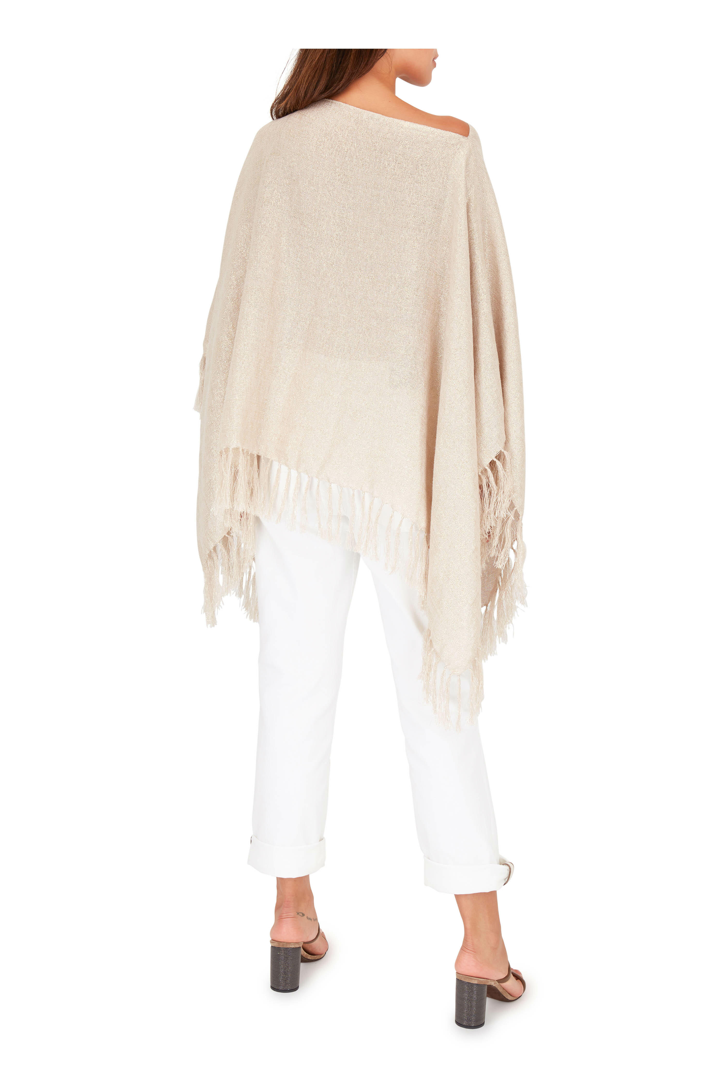 Brunello Cucinelli - Exclusively Ours! Beige Lurex Fringed Trim Poncho