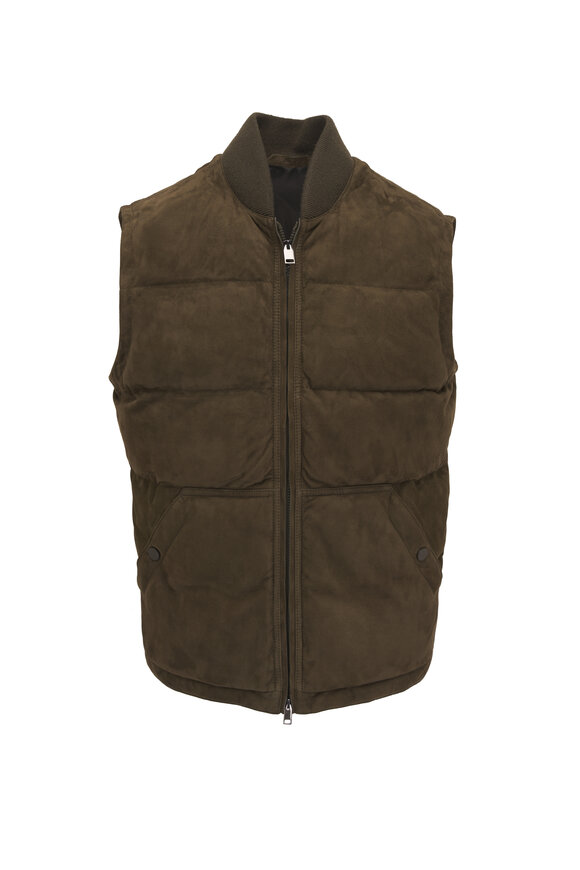 Brioni - Dark Green Suede Puffer Vest 