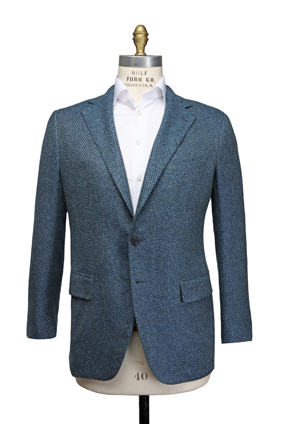 Cesare Attolini Royal Blue & Green Herringbone Sportcoat - view 2