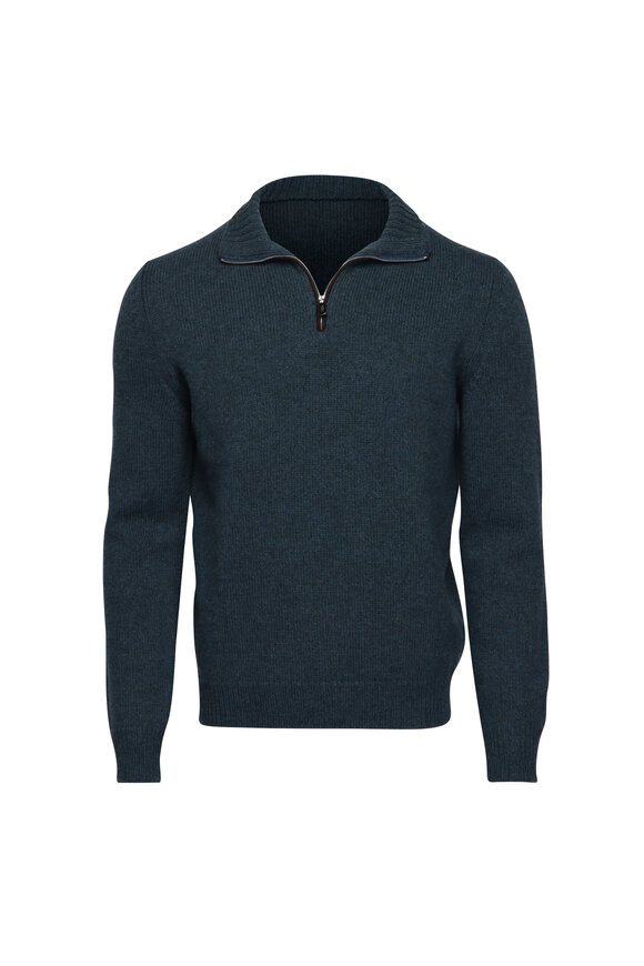 Fedeli Blue Knit Quarter Zip Sweater