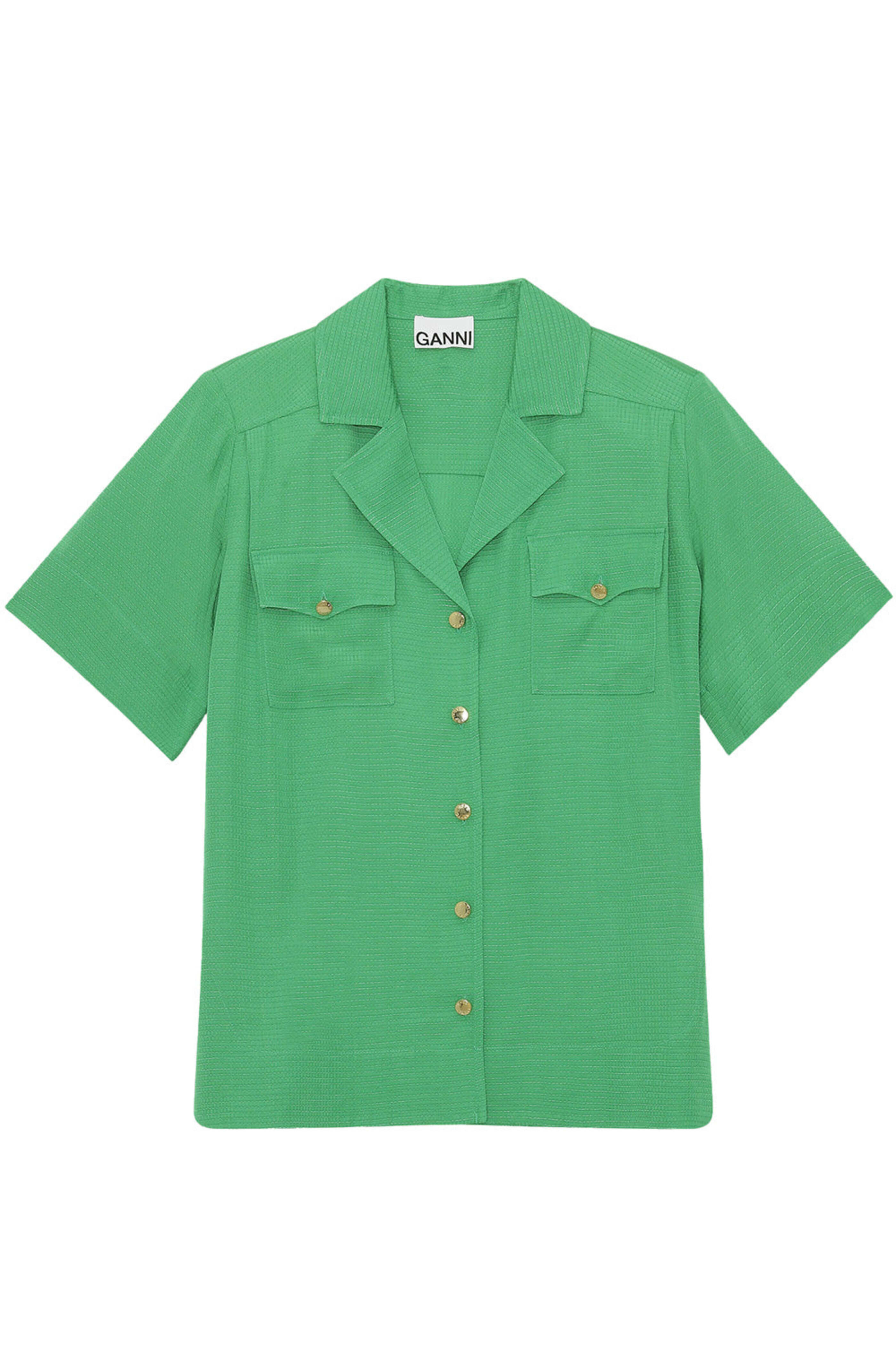 Ganni - Kelly Green Ripstop Short Sleeve Button Down Shirt