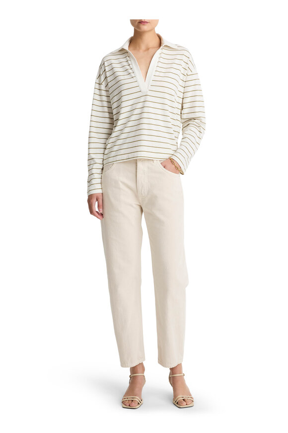 Vince Olive Stone Combo Stripe Cotton Long Sleeve Polo - view 4
