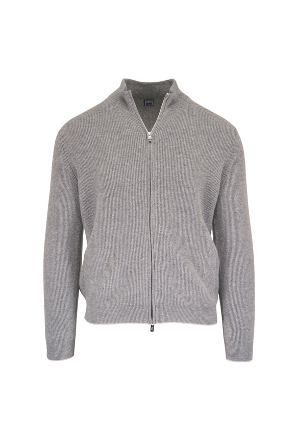 Fedeli Gray Cashmere Ribbed Full Zip Sweater - view 1